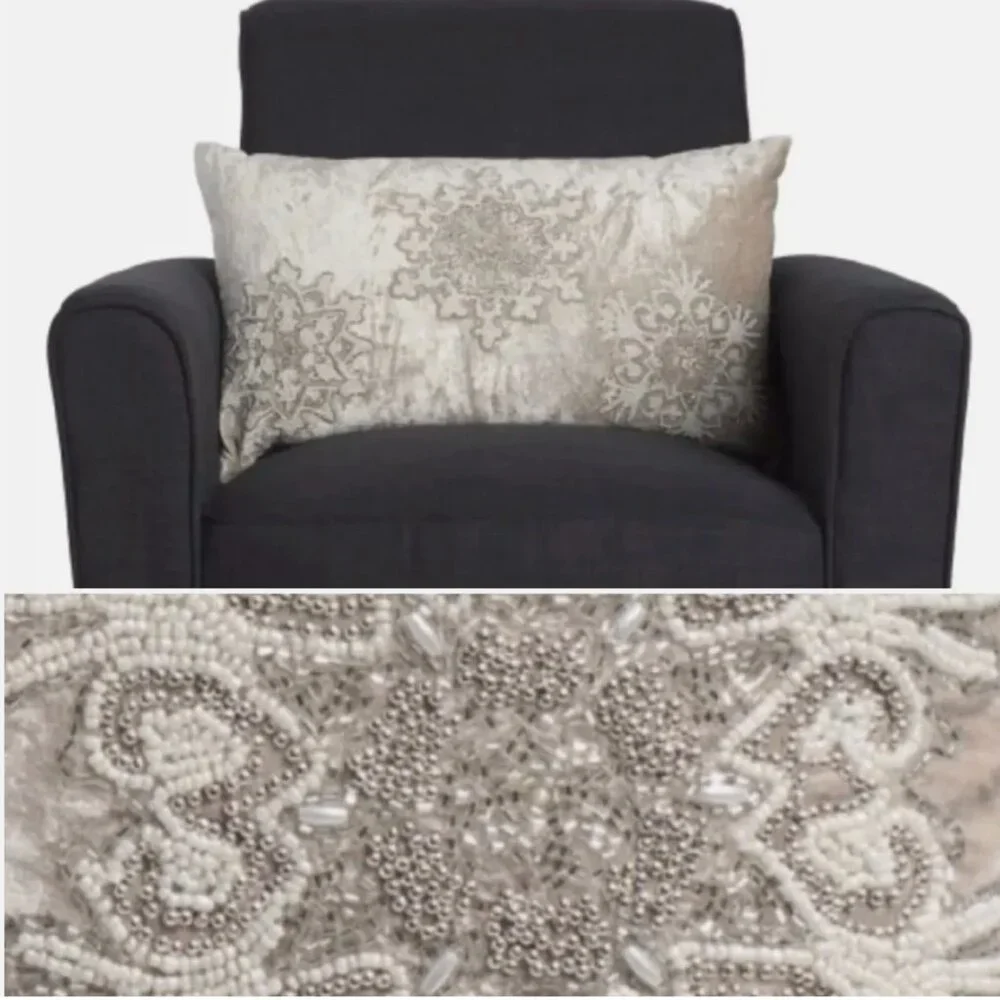 Magaschoni Velvet Beaded Snowflakes Accent Pillow Champagne Christmas Holidays